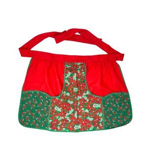 Vintage Christmas Apron Red Green Poinsettia and Candy Canes 3-Pocket